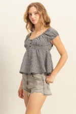 Classic Gingham Scoop Neck Peplum Blouse - Image 2