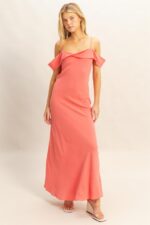 Coral Ruffle Off-Shoulder Maxi Dress