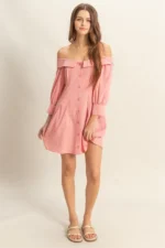 Off-Shoulder Button Front Mini Dress
