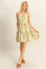 Vibrant Floral Halter Tiered Mini Dress