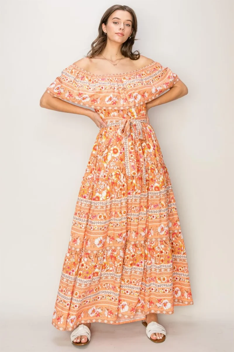 Floral Off Shoulder Tie Front Maxi Dress