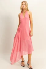 Chiffon Halter Asymmetrical Hem Maxi Dress