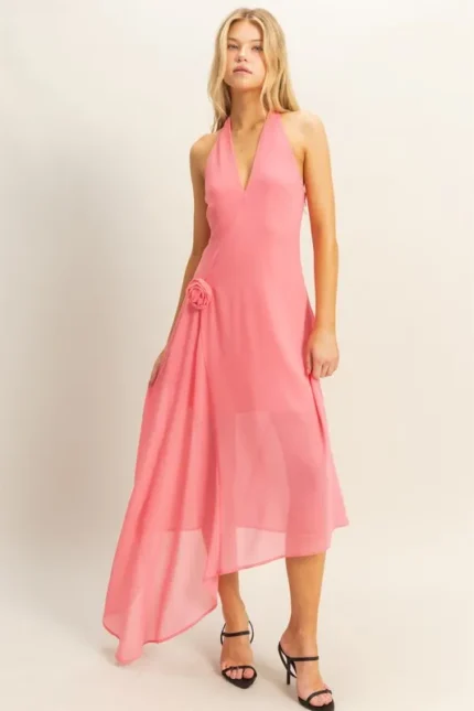 Chiffon Halter Asymmetrical Hem Maxi Dress